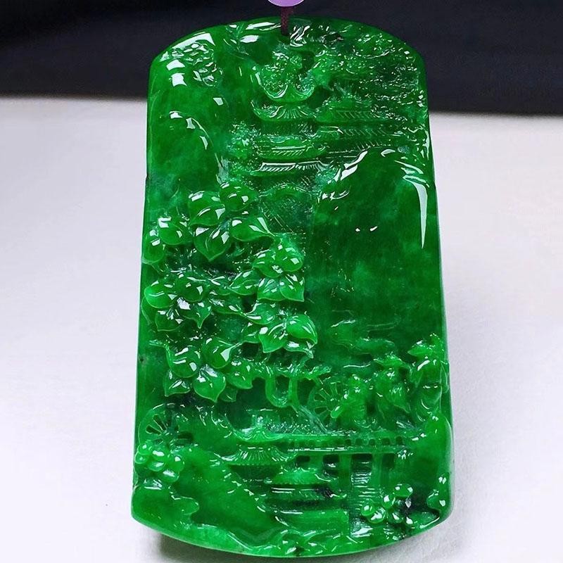 Full Green Waxy Ice Jadeite Landscape Pendant Moist Polished Unisex Jewelry Gift