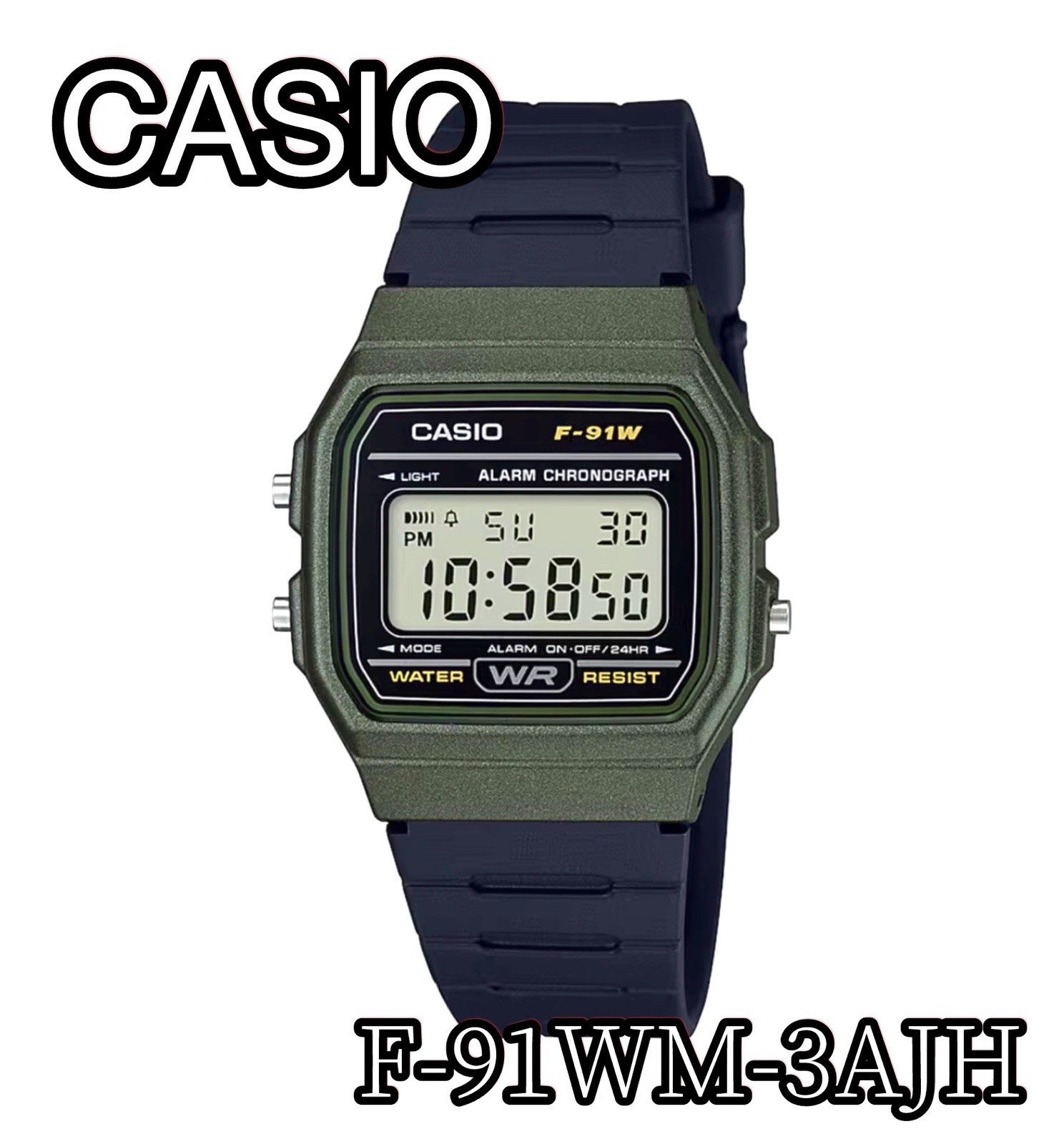 New CASIO F-91WM-3AJH Digital Watch Black & Green Japan Authentic