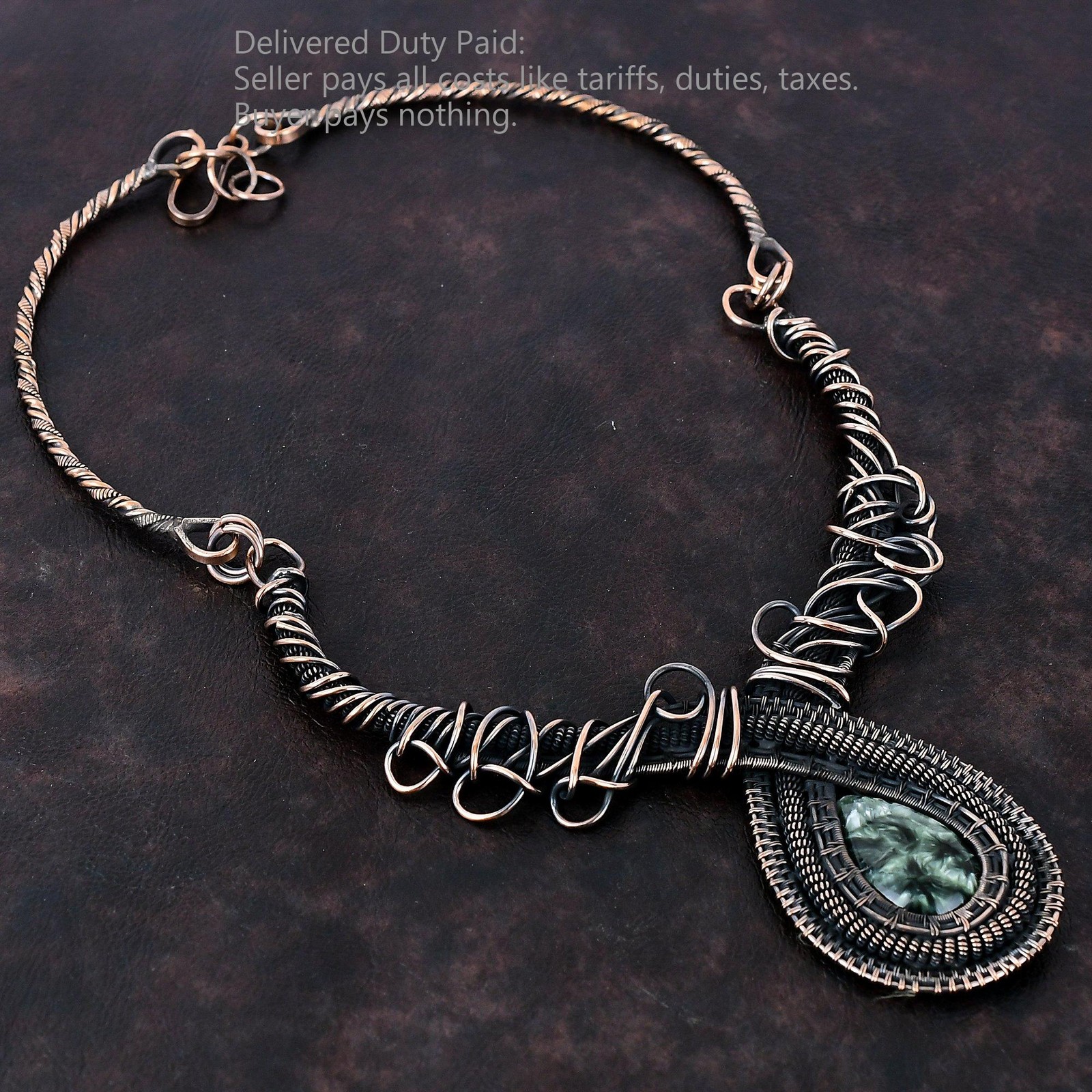 Natural Seraphinite Sister Handmade Wire Wrapped Artisan Chain Necklace Copper
