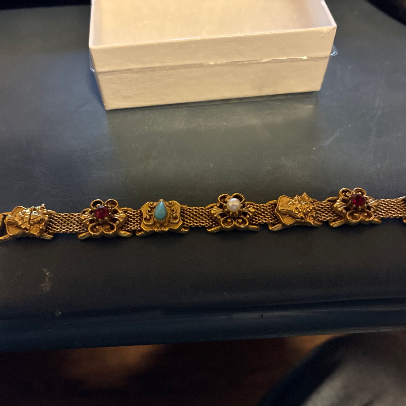 Vtg FLORENZA Victorian Revival Style Slide Bracelet Mesh 7 Embellished Slides 7”