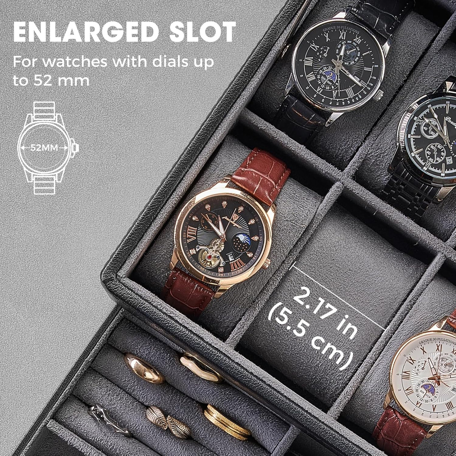 Watch Storage Box with Glass Lid for Men and Jewelry Organizer with 8 Slots