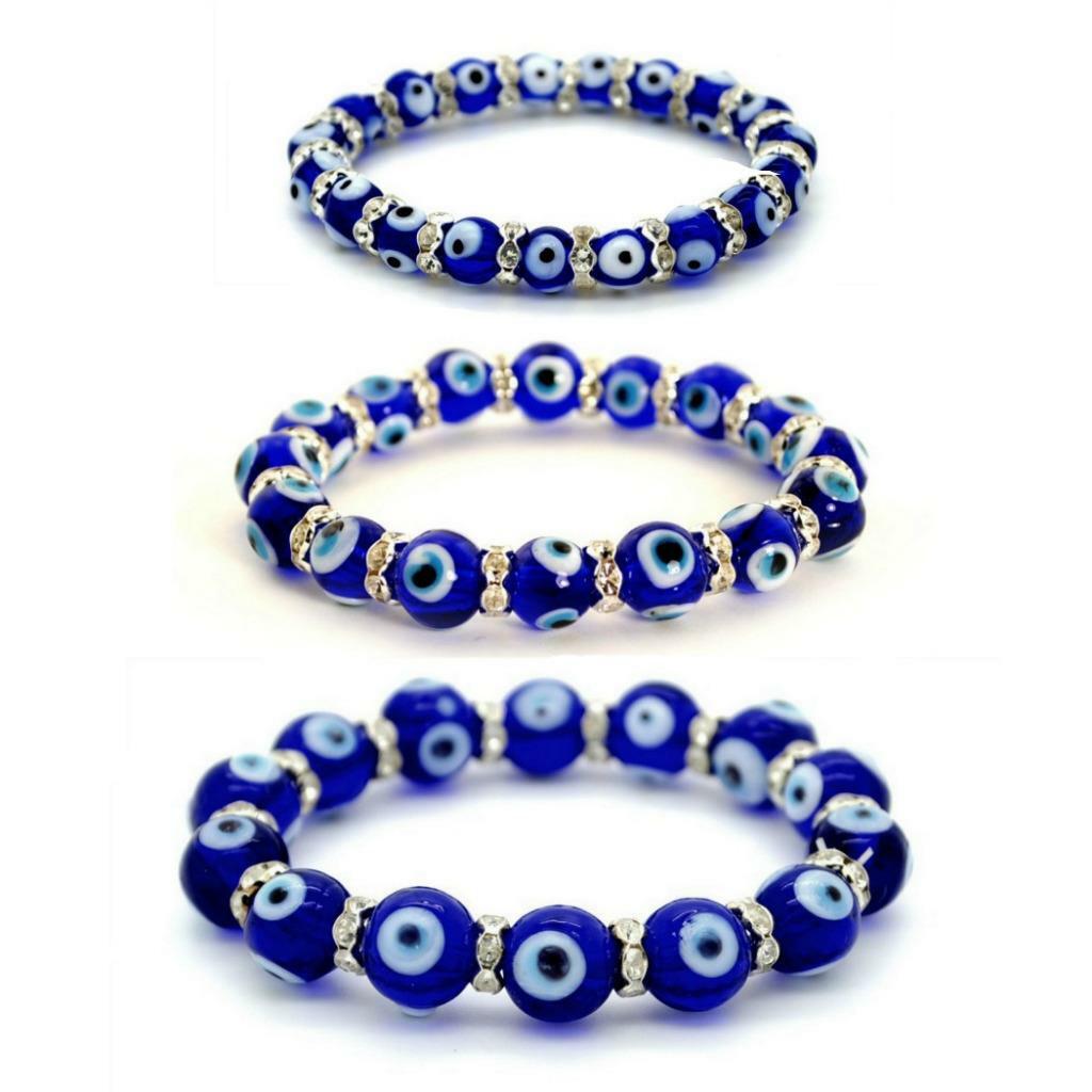EVIL EYE BRACELET 8mm 10mm 12mm Glass Bead Blue Stretch Luck Protection Lampwork
