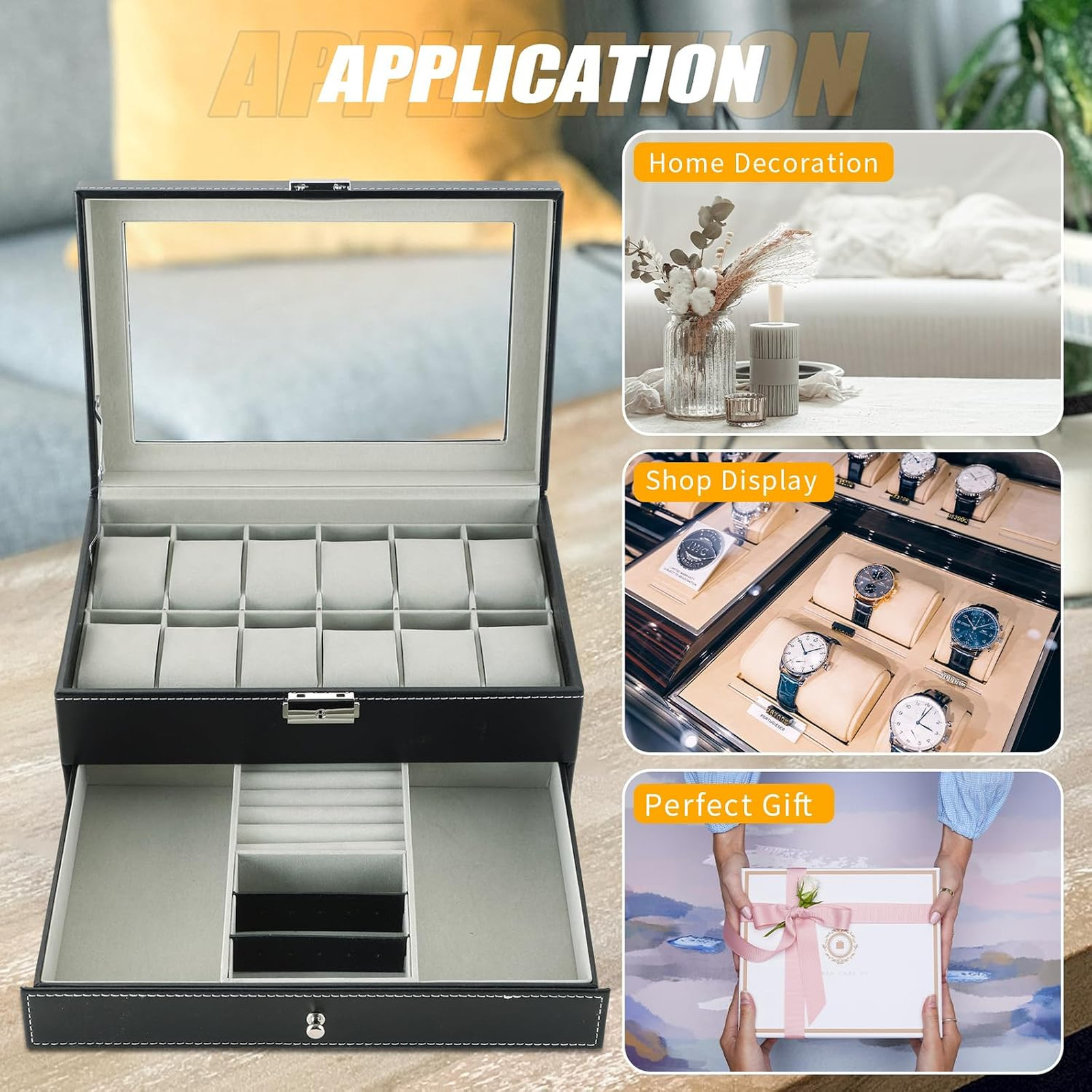 12 Slots Watch Case with Lockable Leather Jewelry Organizer for Women Men, Glass