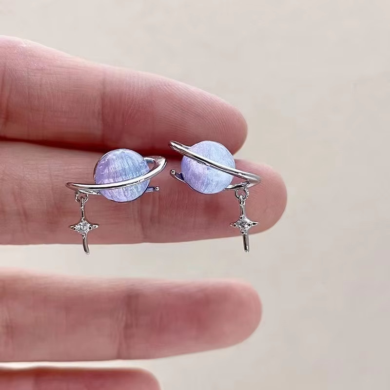 925 Sterling Silver Cat Eye Planet Round Stud Earrings Minimalist Women Gift
