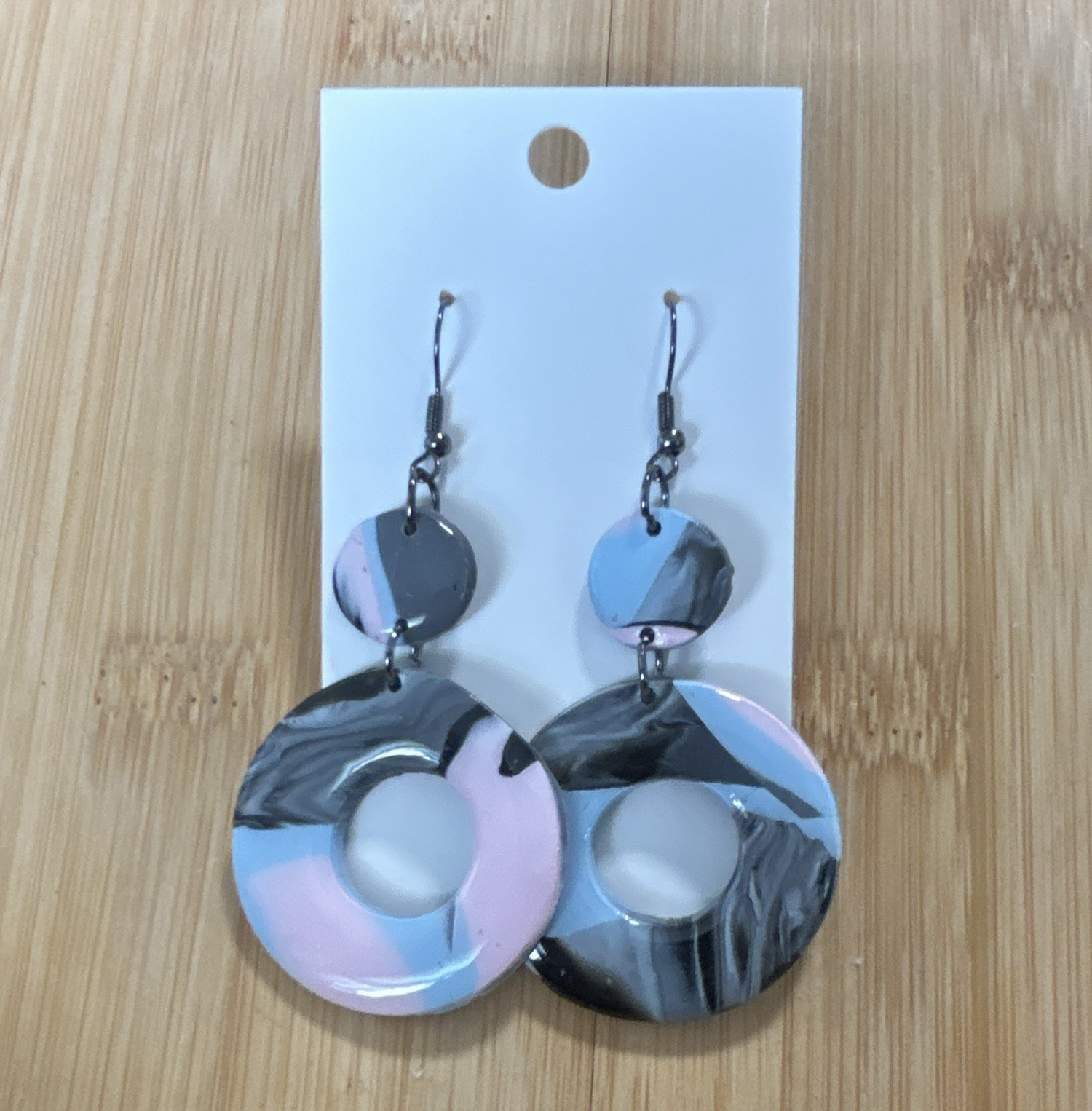 Multicolor Marble-Style Round Dangle/Drop Hook Earrings, Polymer Clay,