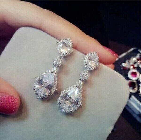 6Ct Pear Simulated Diamond Women Drop/Dangle/Hoop Earrings 925 Silver
