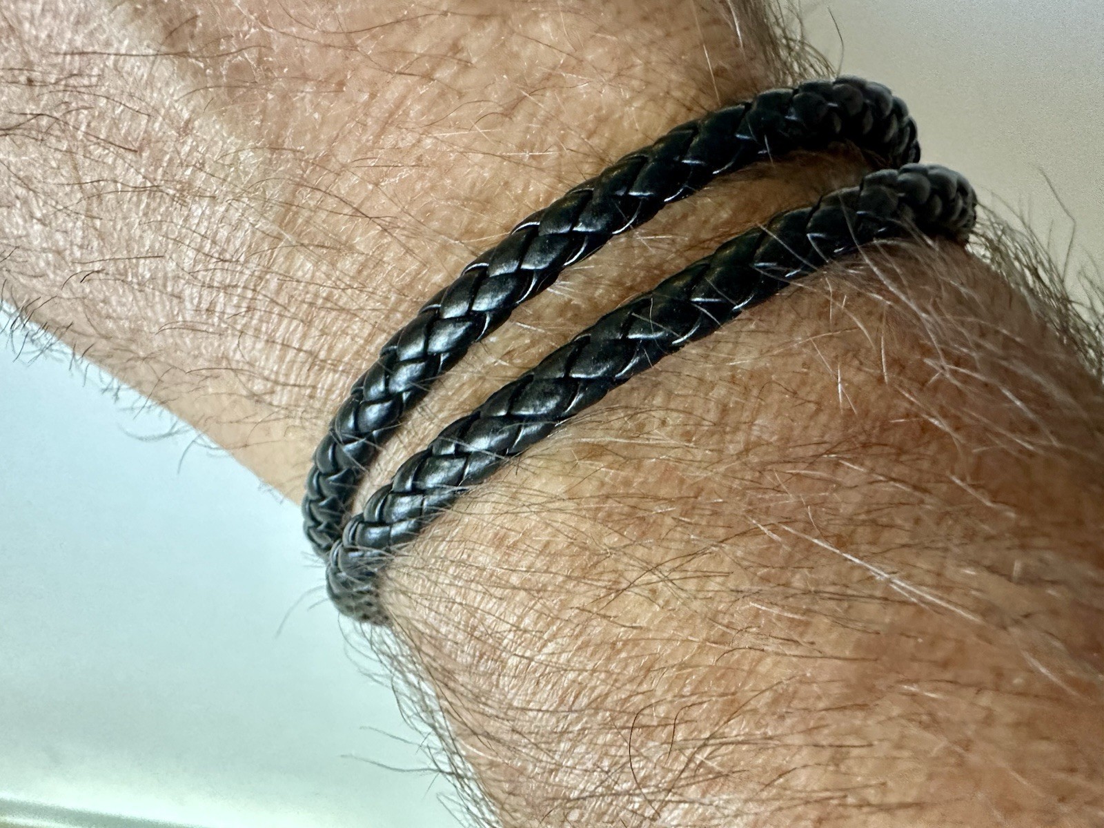 Black Braided Leather Wrap Bracelet with Silver-Tone Magnetic Clasp