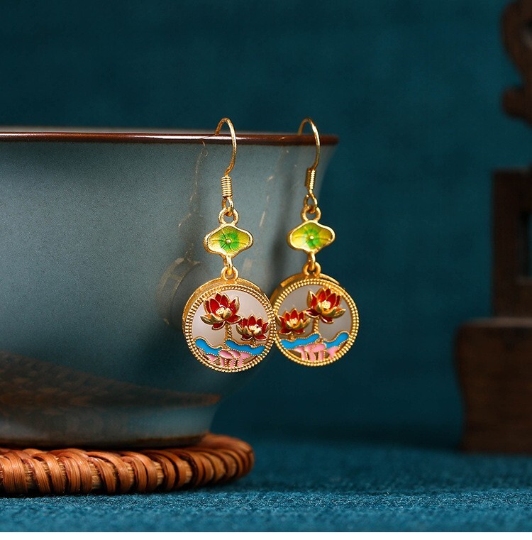 Jade Enamel Drop Dangle Earrings Retro Flower Dainty Gemstone 18K Gold Plated