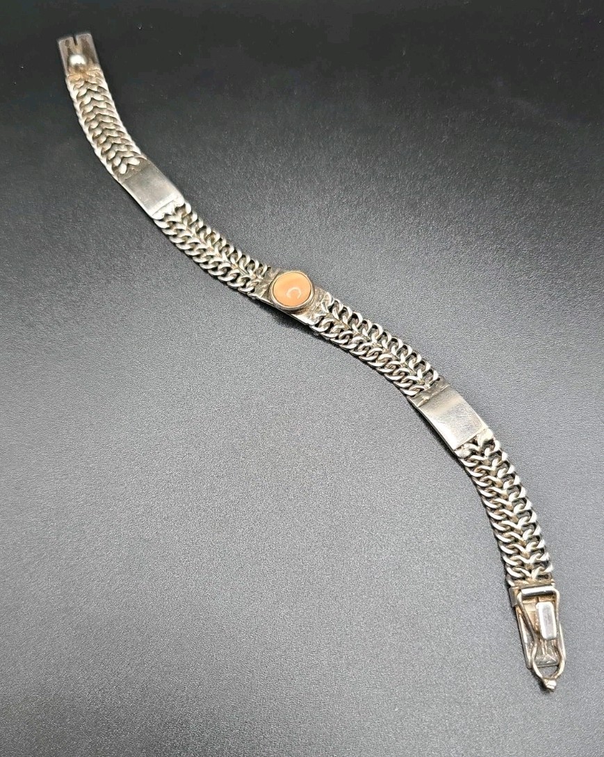 ​Vintage Peruvian 950 Silver Flat Foxtail Panel Pink Conch Shell Bracelet 7.5″