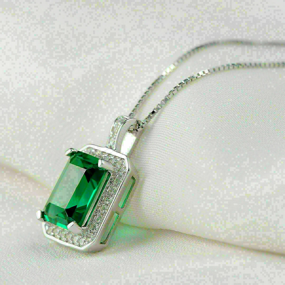 2.50Ct Emerald Cut Green Emerald Pendant 14K White Gold Finish 18″ Free Chain