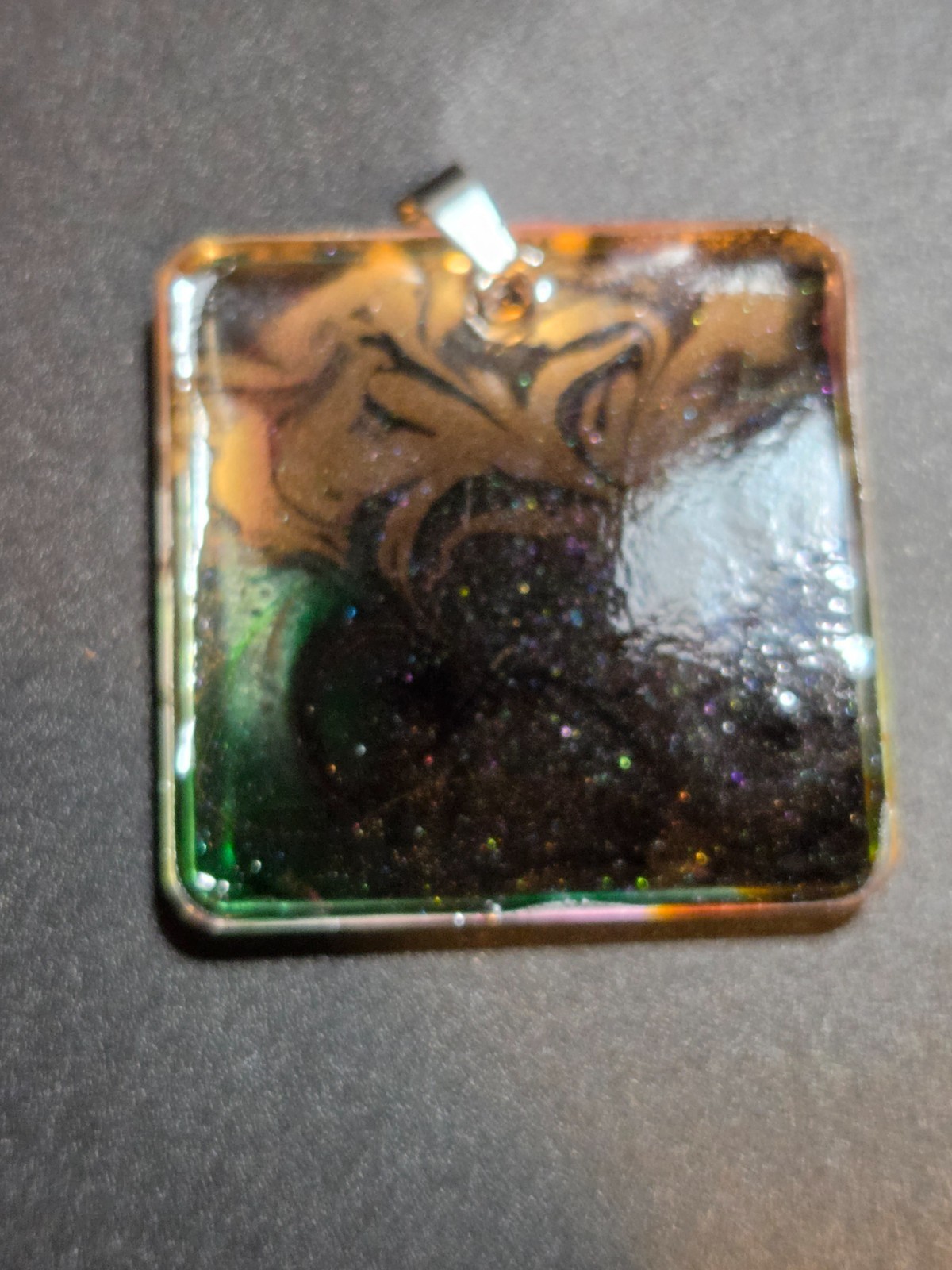 OOAK Petri Effect Resin Square Pendant Green Pink Gold Stainless N104