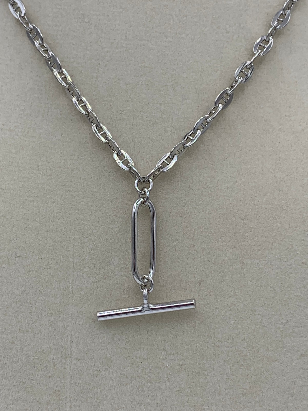 Rhodium Plated 925 Silver Flat Marina Paperclip Bar Pendant 3.2mm Necklace