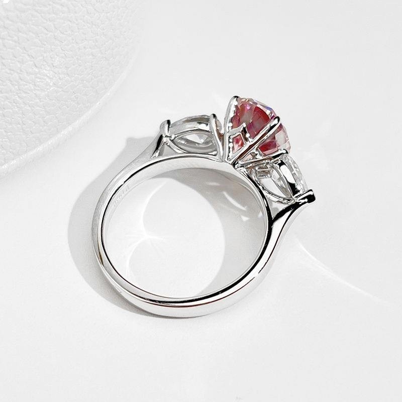 2.50Ct Oval Pink Moissanite Three Stone Ring 925 Sterling Silver Pear Side Stone