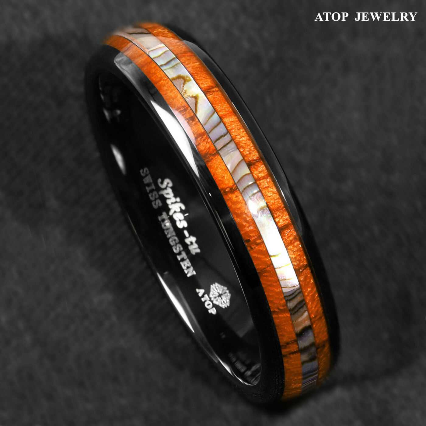8/6mm Black Tungsten carbide ring Koa Wood ATOP Wedding Band Men Jewelry