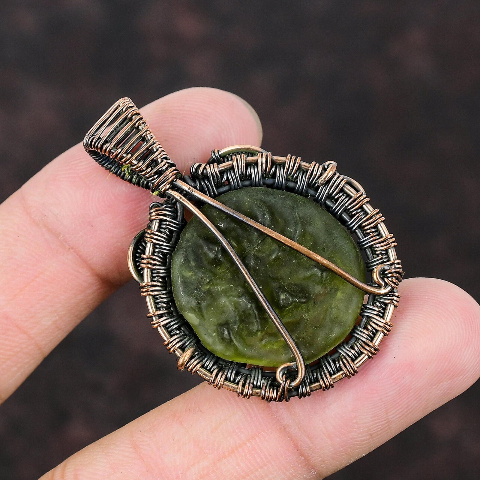 Moldavite Wire Wrapped Pendant Handcrafted Copper Birthday Gift Jewelry 1.89″