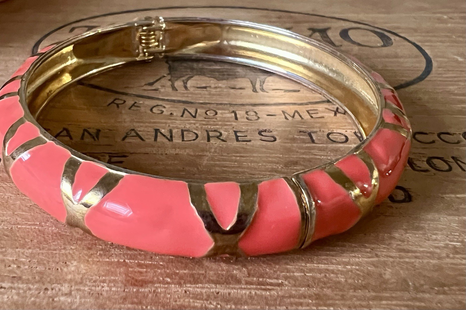 Vintage Coral Enamel Gold-Tone Zigzag Bamboo Bangle Bracelet, KJL-Style
