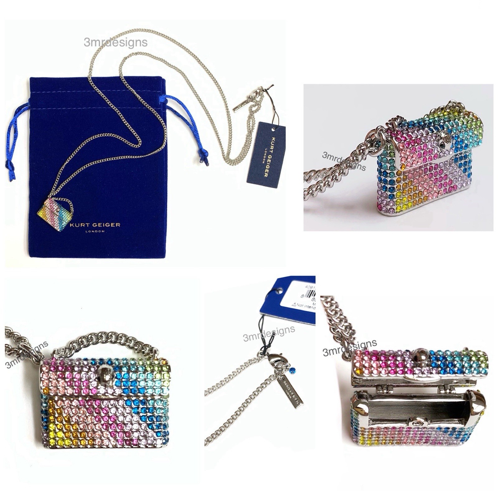 NWT KURT GEIGER Rainbow Crystals Silver Tone Kensington Mini Bag Long Necklace