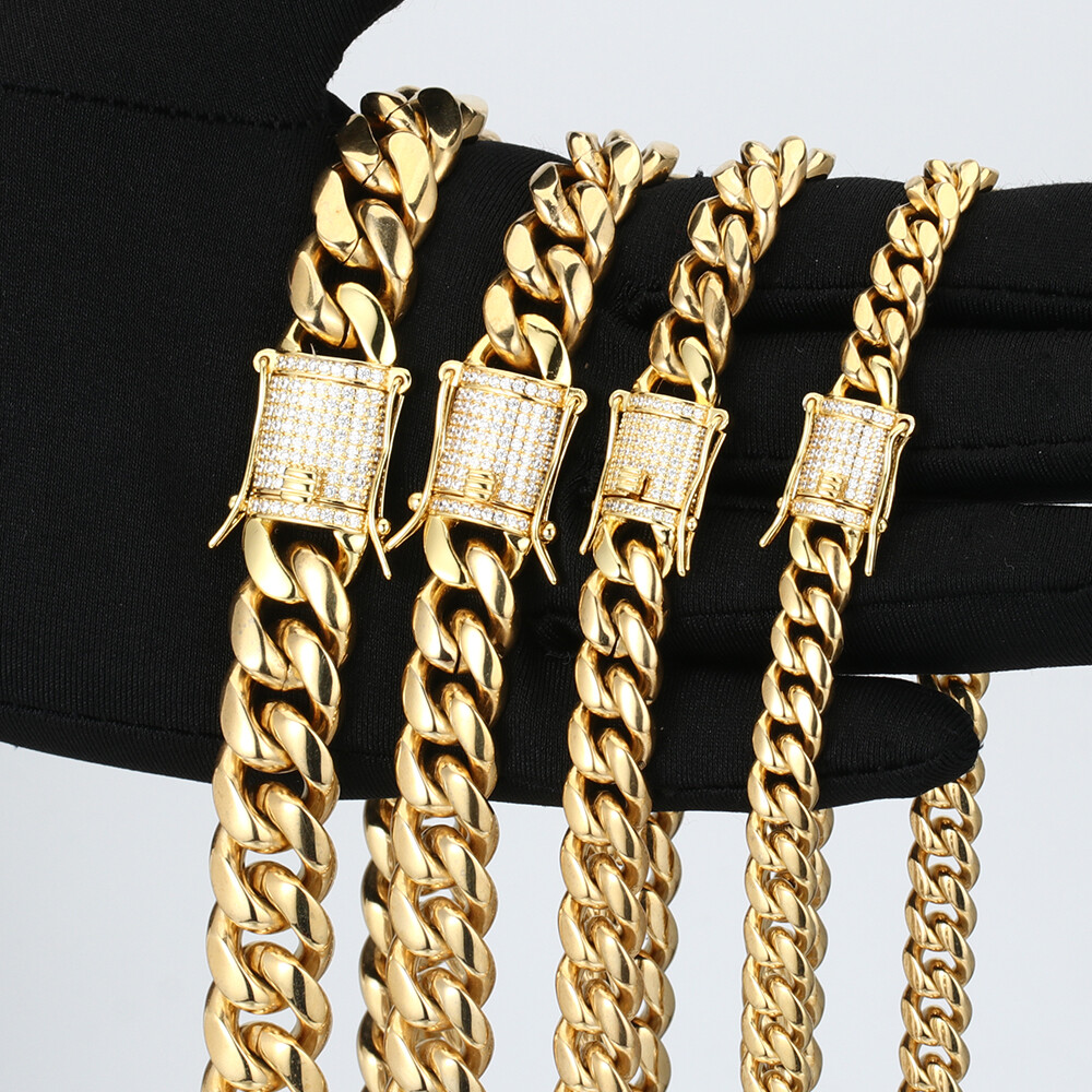 Miami Cuban Link Chain Bracelet Set For Men Solid 316L Stainless Steel 18K Gold