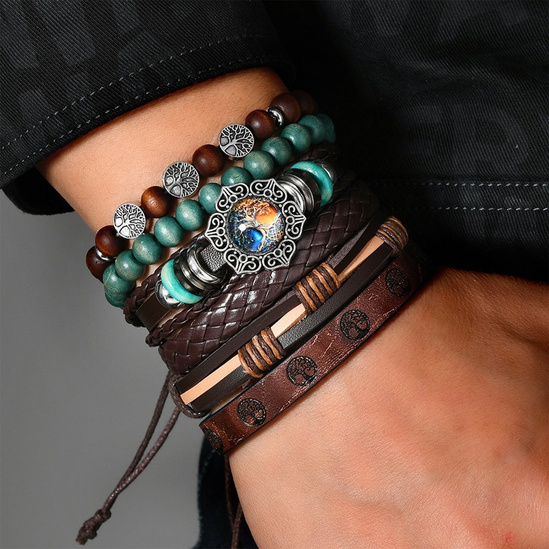 Bohemian style multi-layered leather bracelet with stacked, multi-colored beads.