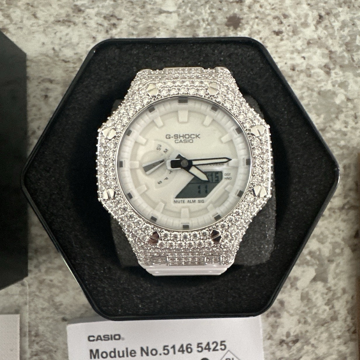 Iced Out Moissanite Mod D Custom All White GA2100 GSHOCK Brand New Box & Papers