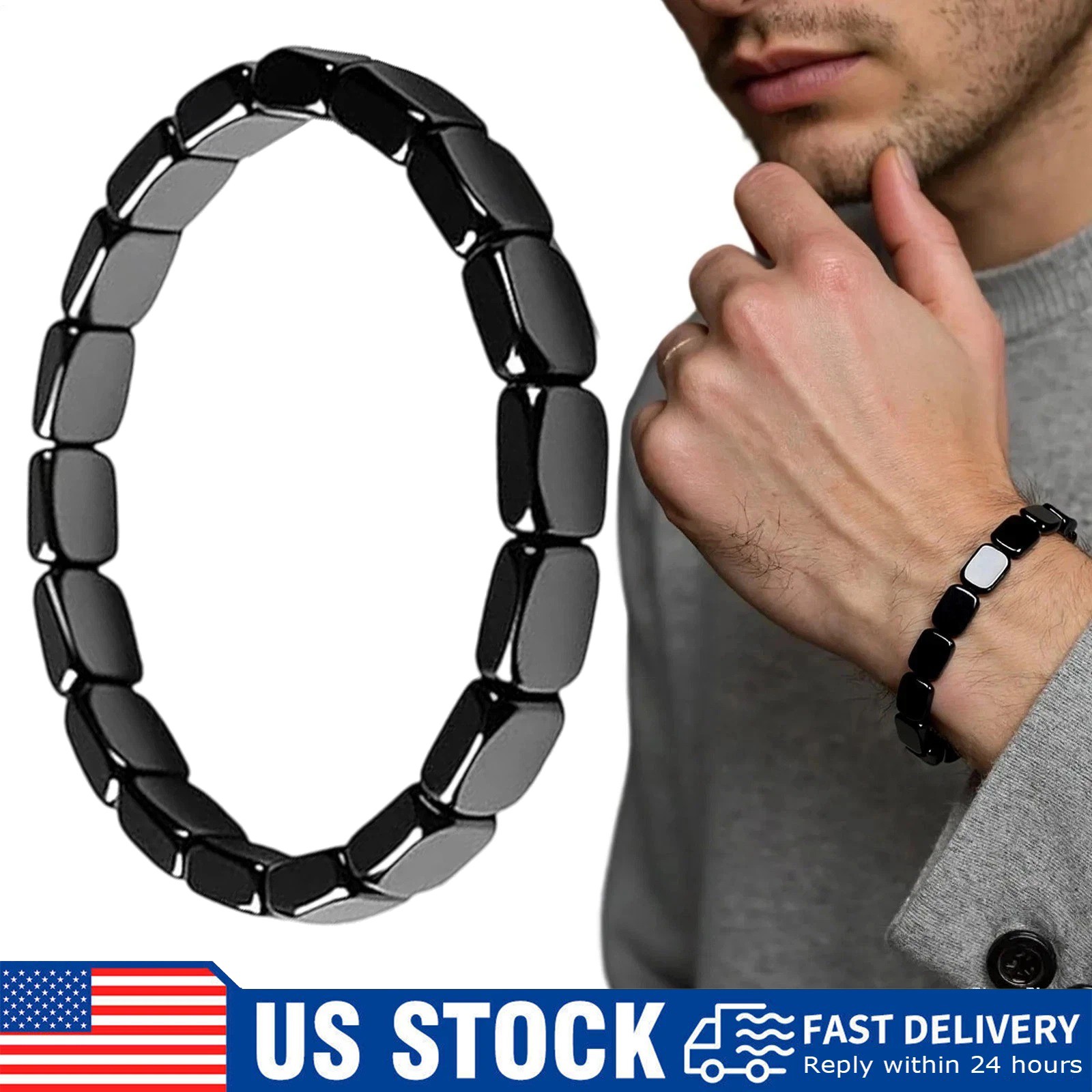 2× Natural Hematite Bracelet Reignites Masculine Energy Stretch Beaded Healing
