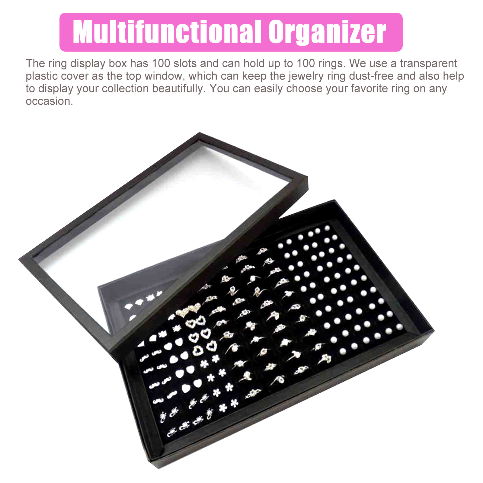 100 Slots Jewelry Ring Display Organizer Tray Holder Earrings Storage Box Case