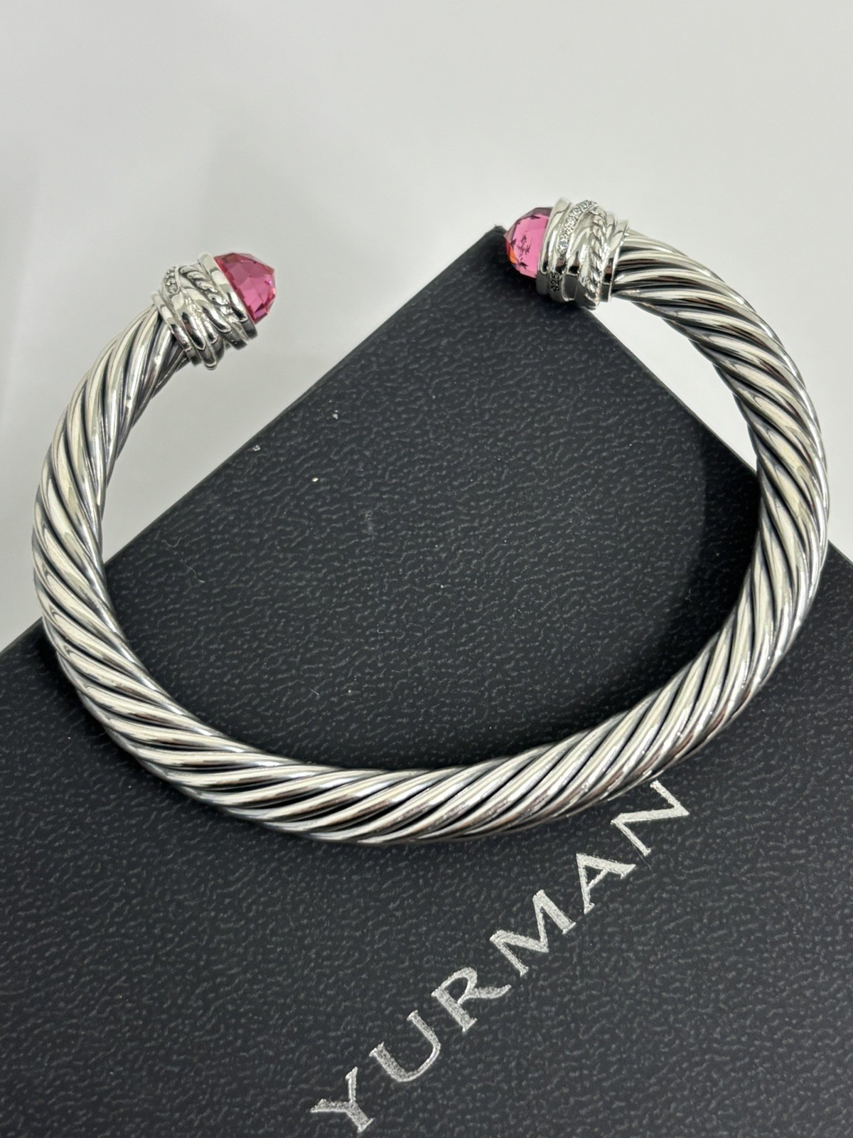 David 7mm Cable Cuff Bracelet 925 Sterling Silver Tourmaline & Diamond
