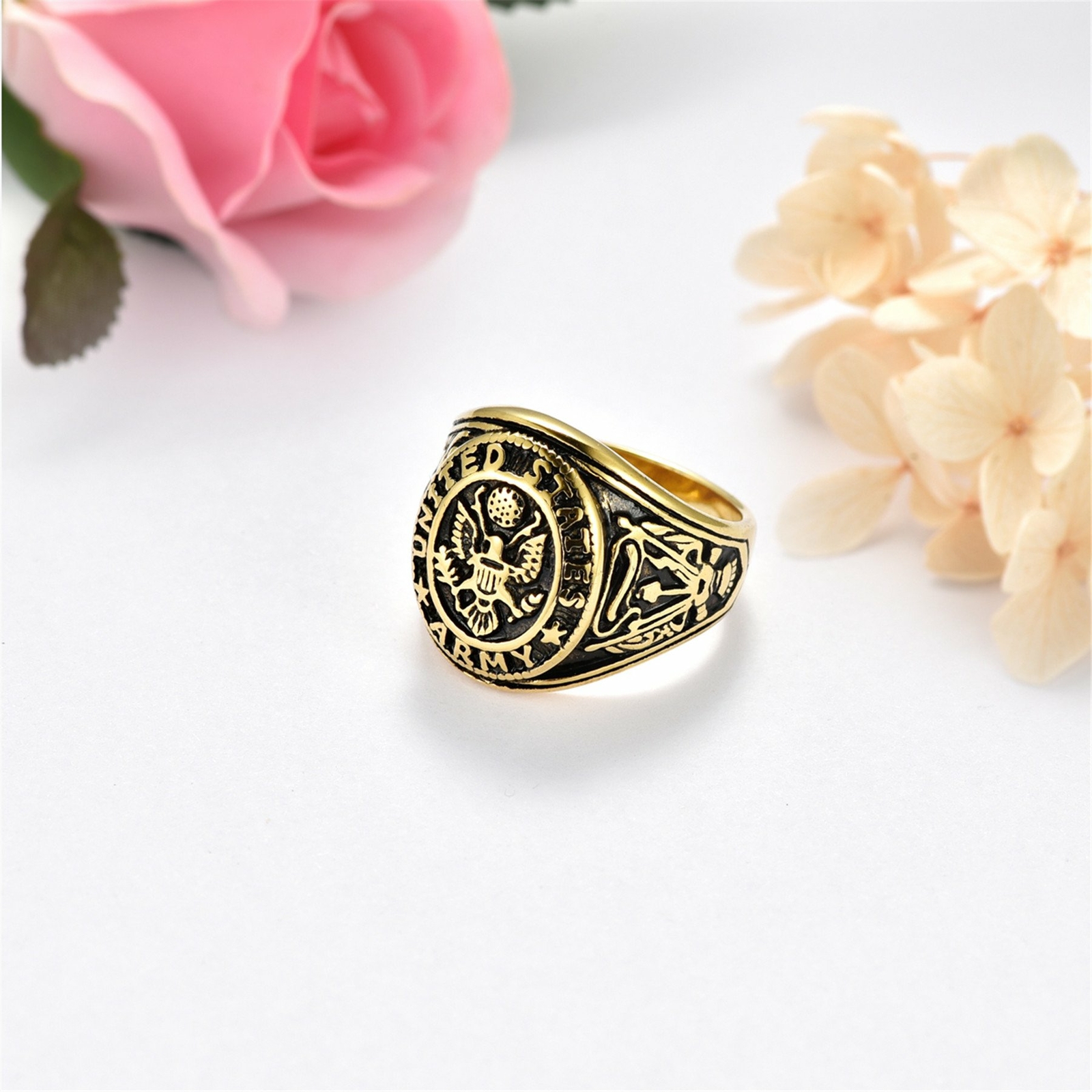 Stainless Steel Gold Plated Eagle US Army Ring Army Seal Biker Band for Men