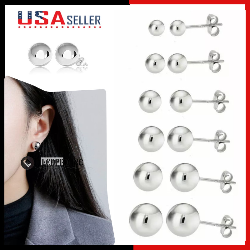 925 Sterling Silver Round Ball Stud Earrings High Polished Butterfly Post Backs