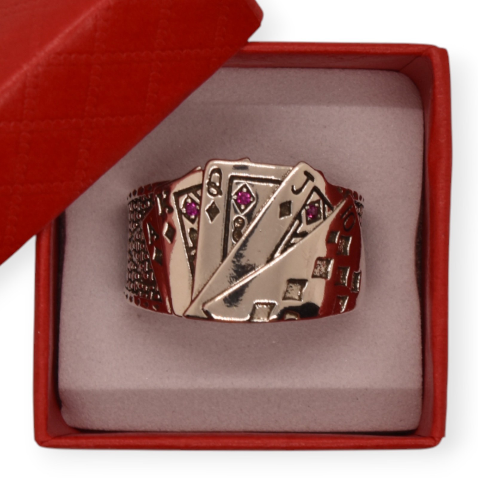 Mens 925 Silver Plated Ring Adjustable Royal Flush Playing Card Resizable Sterli