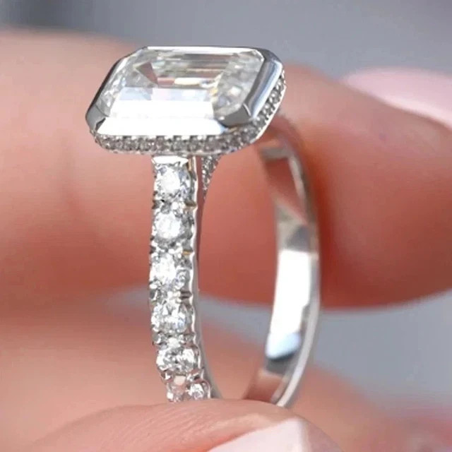 3.50Ct Emerald Cut Moissanite Hidden Halo Engagement Ring 925 Silver 14K Vermeil