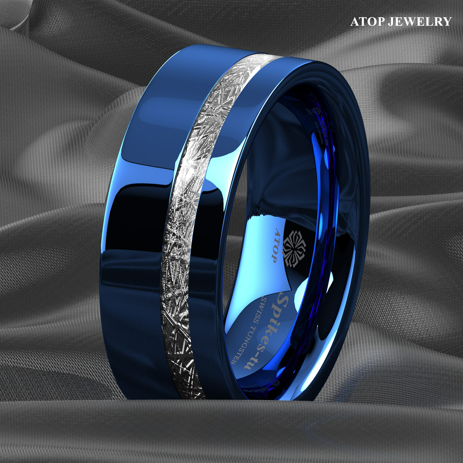 8mm ATOP Blue Tungsten Ring 925 Silver Inlay for Mens Comfort-fit Wedding Band