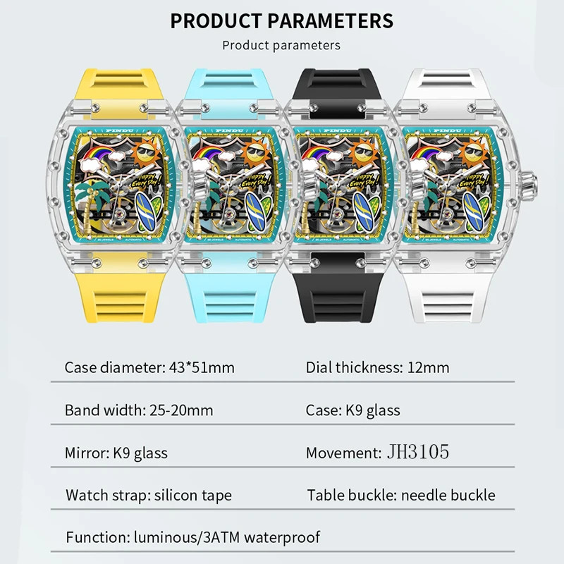 Unique Dial Men’s Mechanical Watch Summer Beach Glow Waterproof Silicone