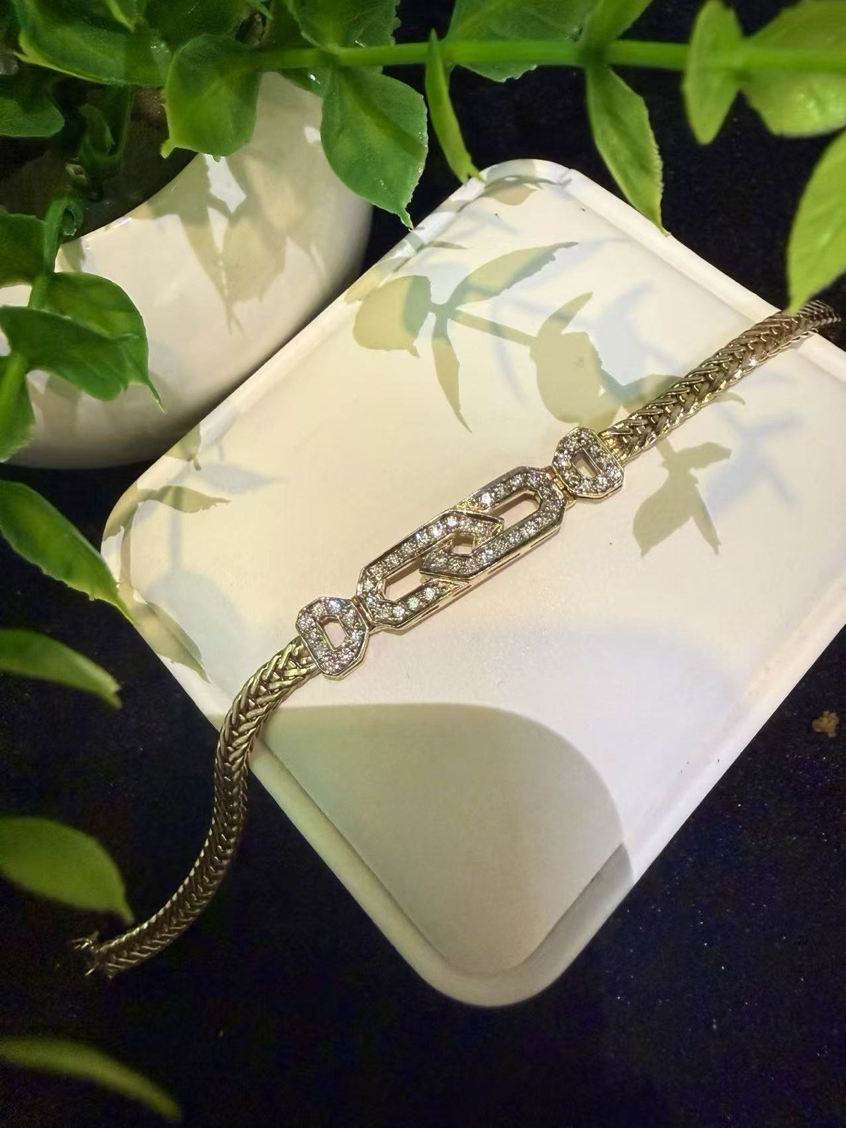 14K Yellow Gold Diamond Paperclip Link Wheat Chain Bracelet