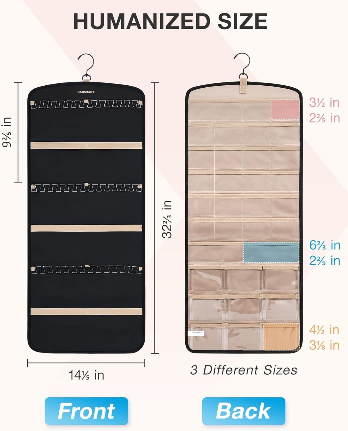Hanging Jewelry Organizer with 32 Transparent Pockets and 20 Anti-tarnish Bags