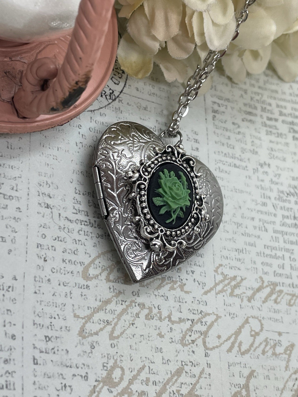 Heart Silver Locket Green Rose Gothic Black Necklace Photo Bride bridal wedding