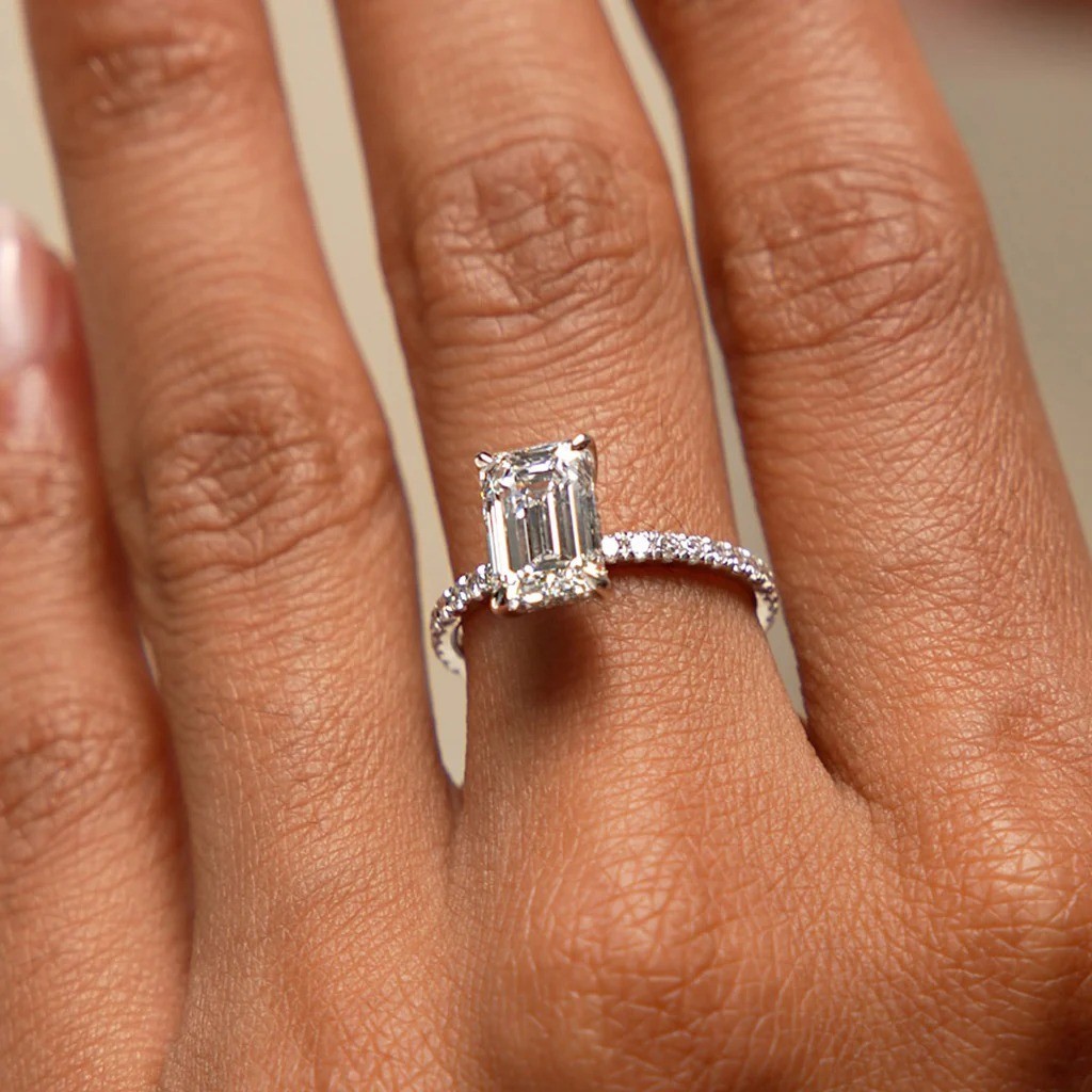 2 Ct Emerald Cut Lab Grown Diamond Hidden Halo Engagement Ring 14k White Gold