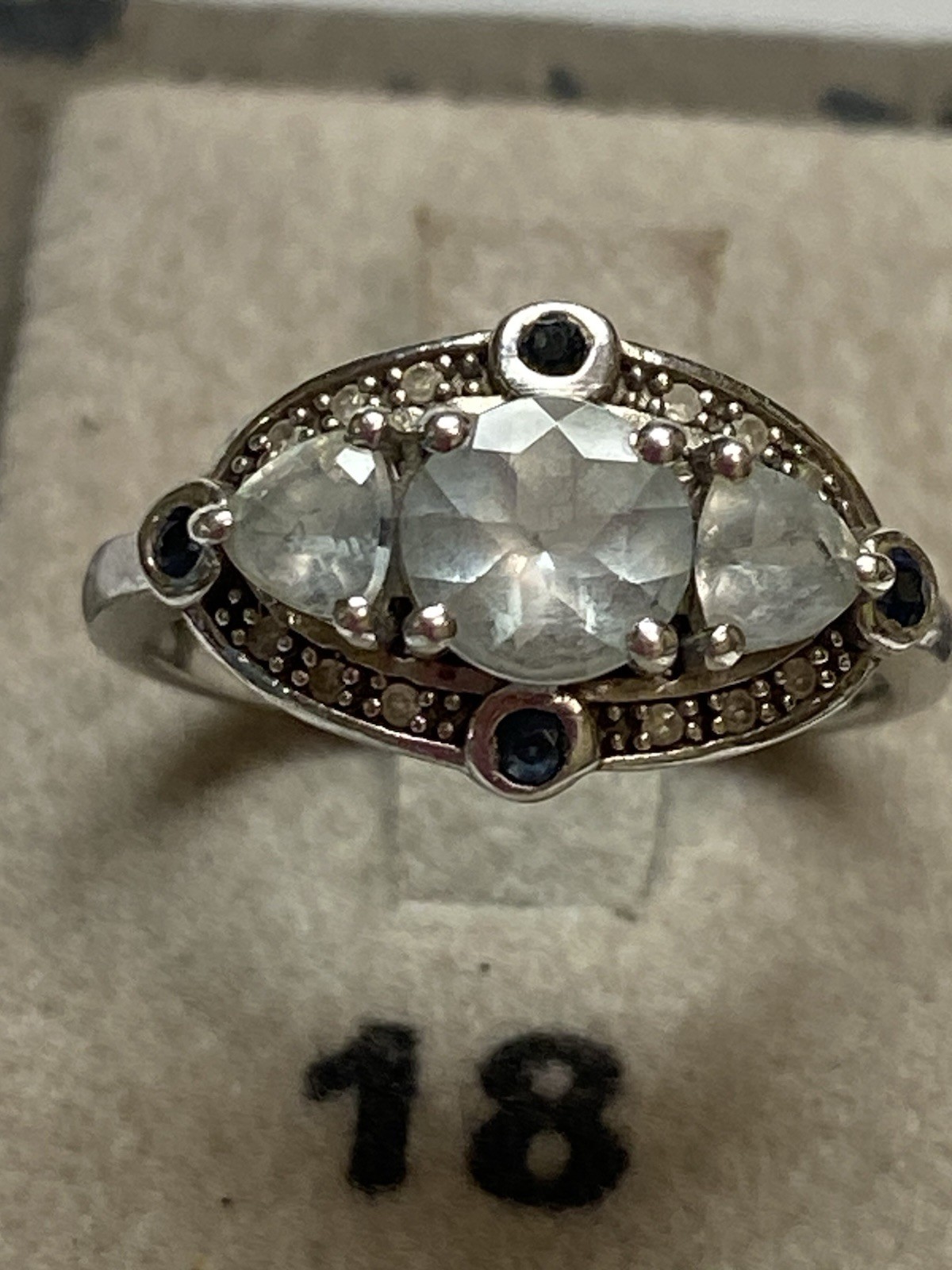Sterling Sliver 925 Ring W/3 Aquamarine & 4 Sapphire Accents