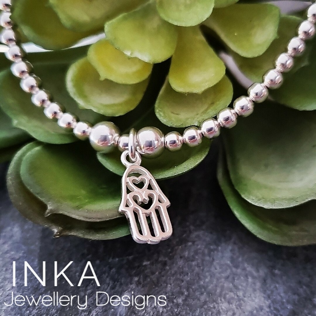 Inka 925 Sterling Silver stretch beaded Stacking Bracelet and Hamsa Hand charm