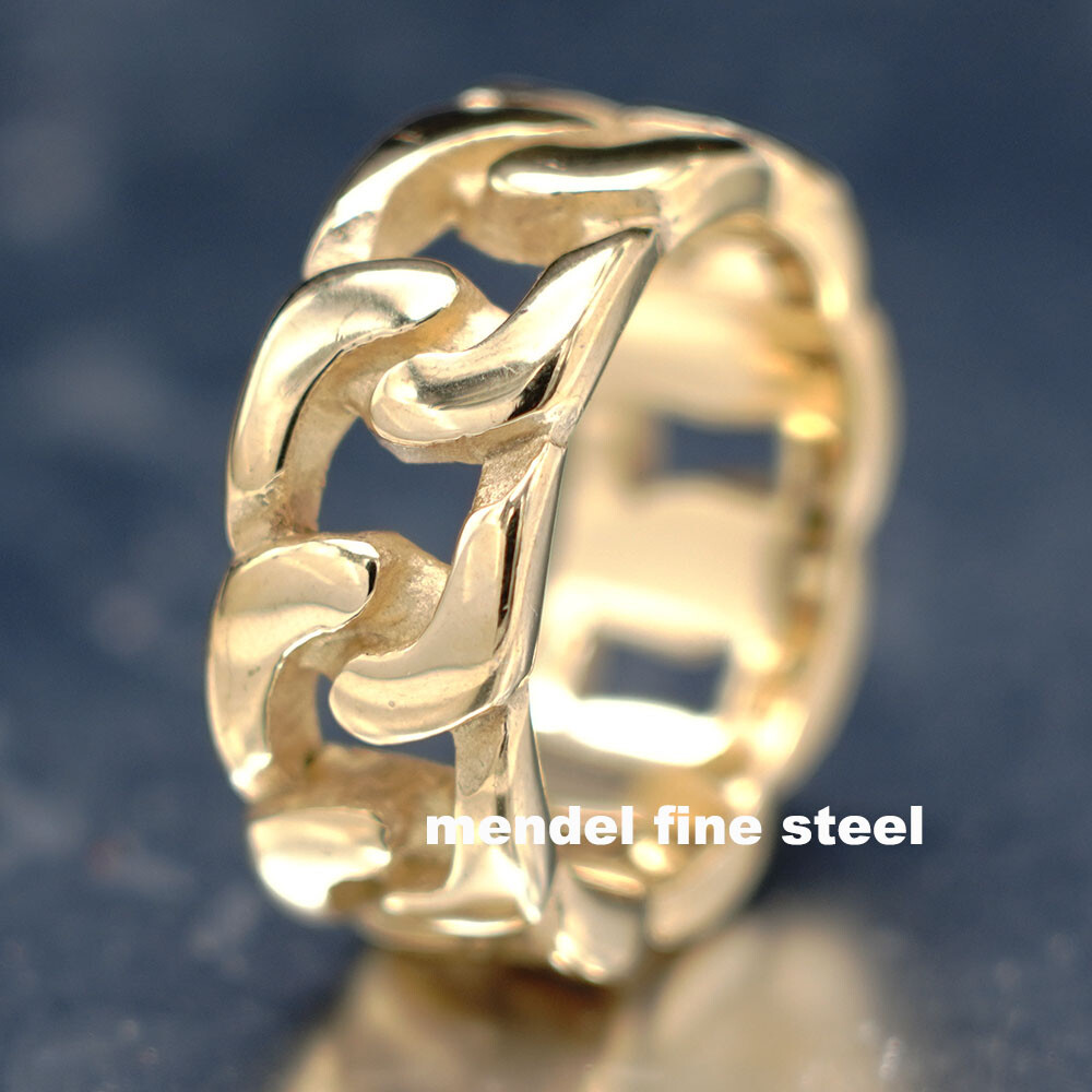 MENDEL Mens 10k Gold Plated Stainless Steel Biker Cuban Link Band Ring Size 7-15