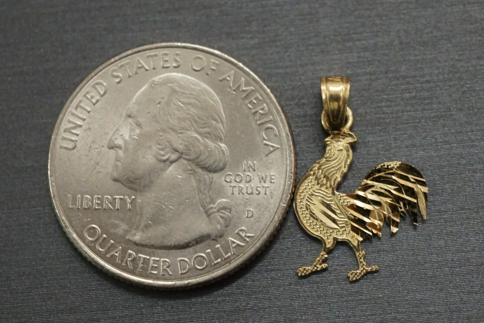 14K Solid Yellow Gold 0.65″ Diamond Cut Tiny Rooster Chicken Charm Pendant.