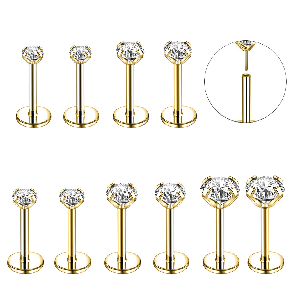 10Pcs Stainless Steel Labret Lip Stud Push in CZ Monroe Ear Helix Conch Piercing