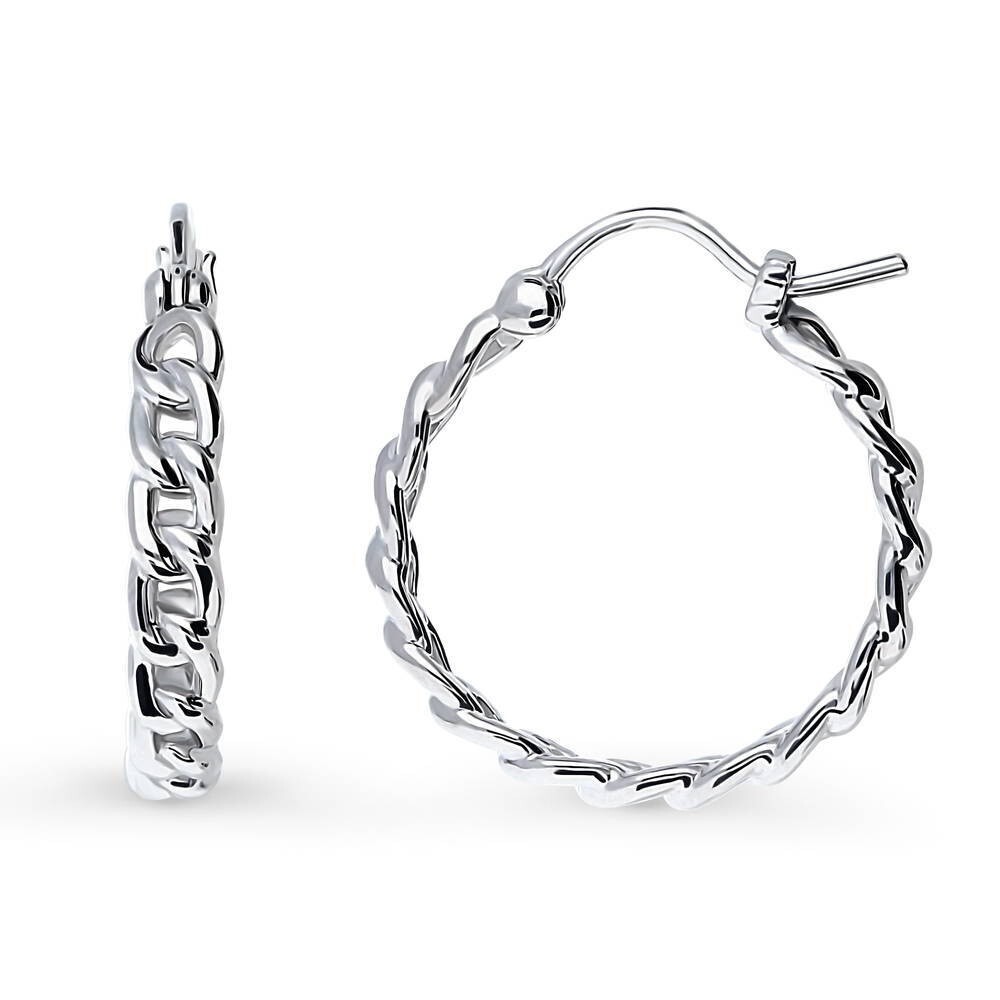 Italian Solid 925 Sterling Silver 20MM Curb Chain Huggie Hoop Earrings For Women