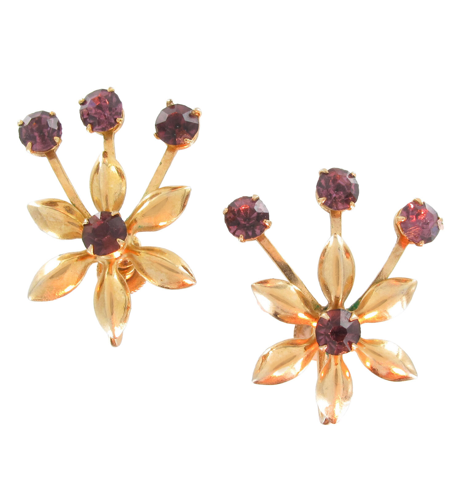 Purple Rhinestone Flower Bouquet Screw Back Pierced Earrings 1″