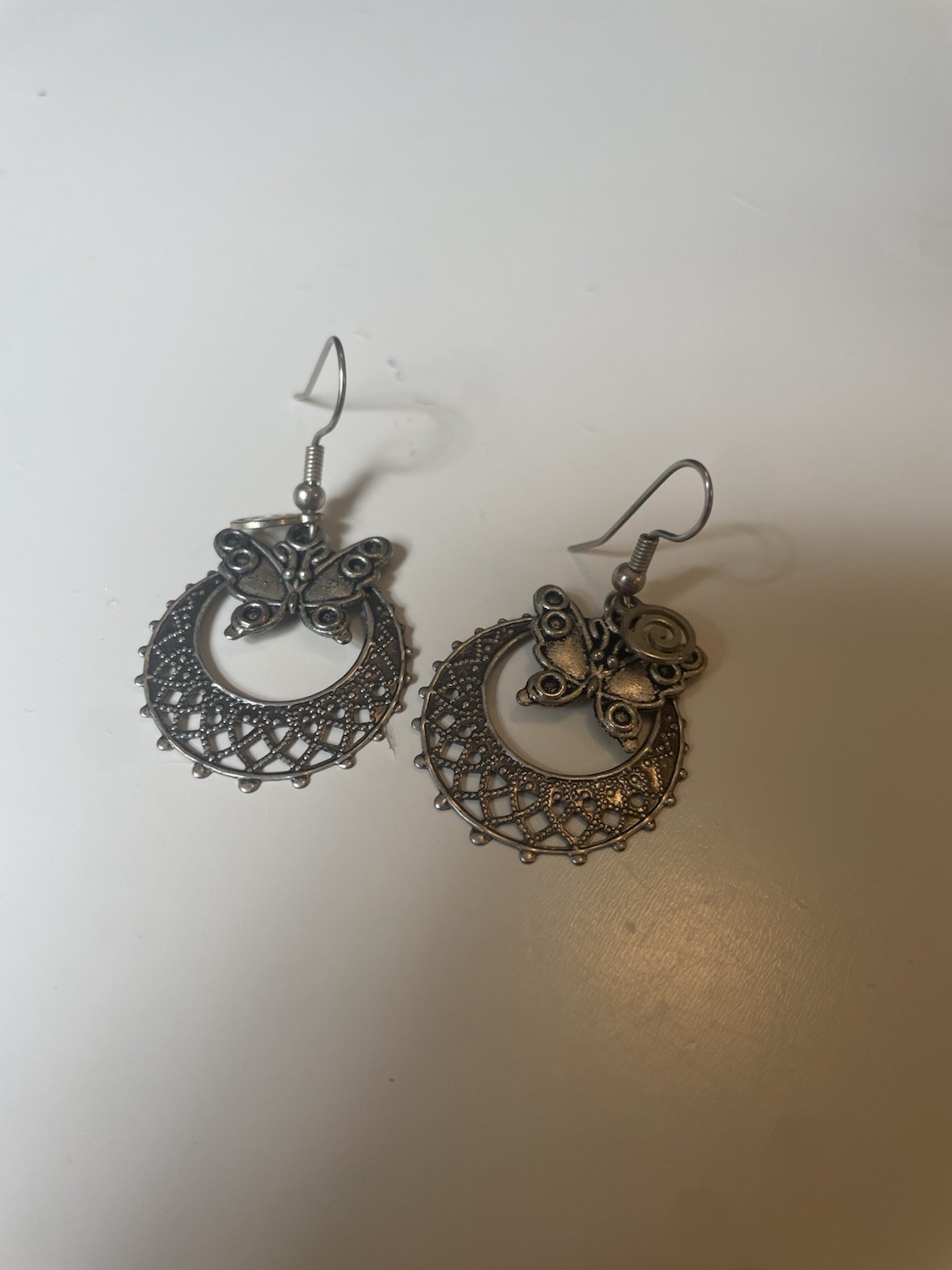 Silver Tone Filigree Butterfly Dangle Drop Earrings Hook Closure No Stone