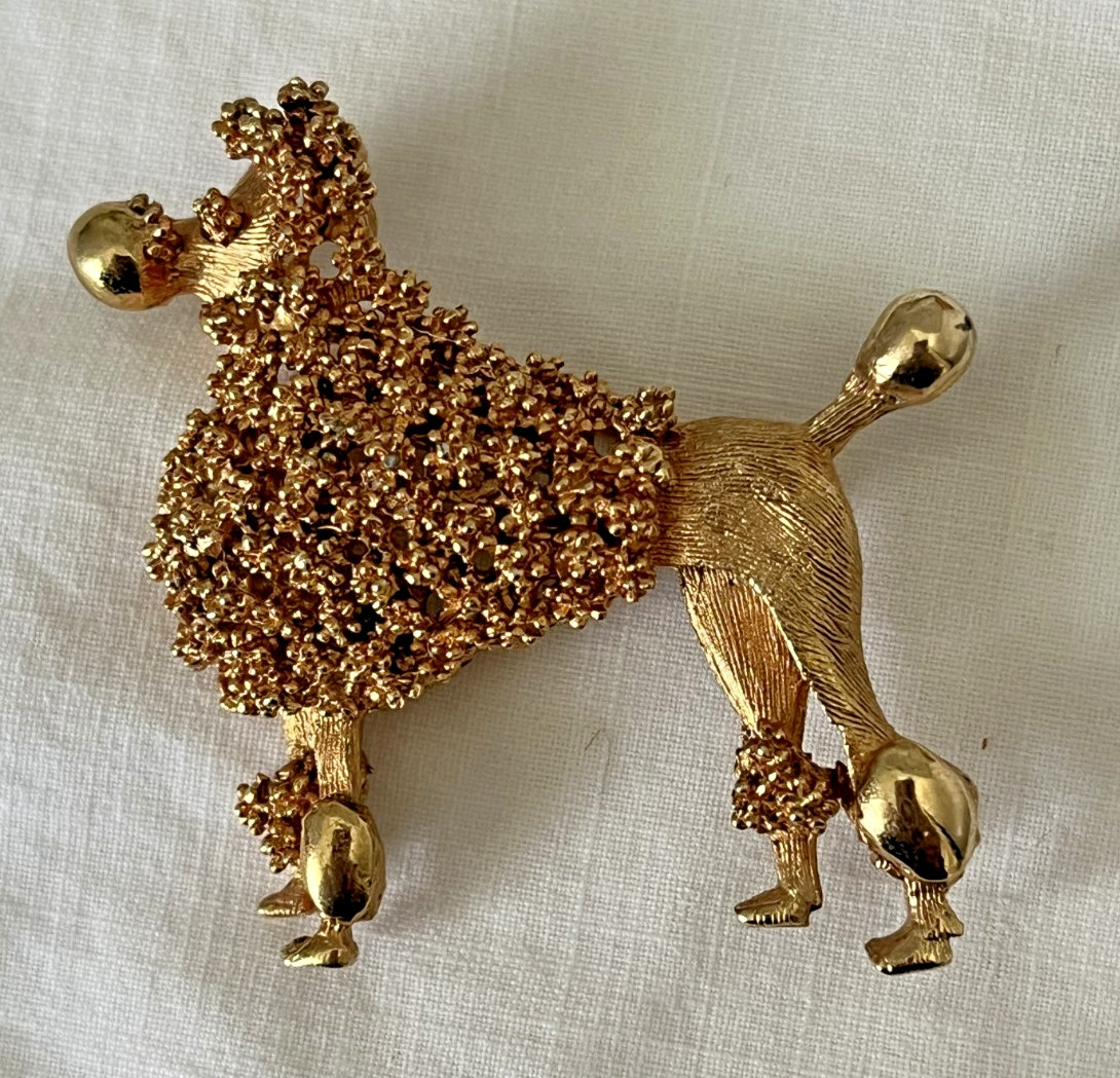 Vintage New York City B.S.K Jewelers Gold Tone French Poodle Dog Brooch Signed