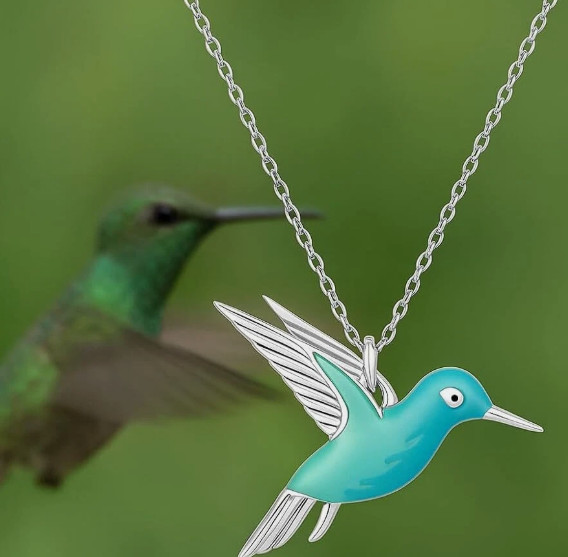 Hummingbird Pendant Necklace, Sterling Silver Chain, Turquoise Blue Enamel