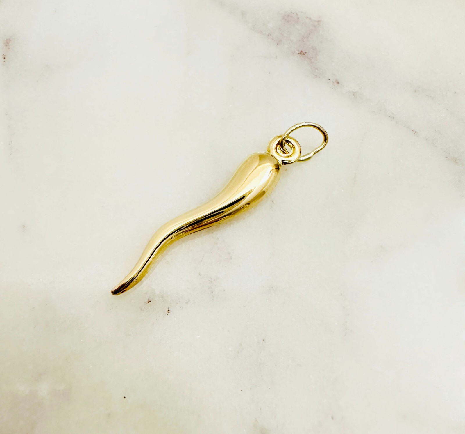 14K Solid Yellow Gold Polished Italian Horn Lucky Charm Pendant 28x4mm, 1.1″