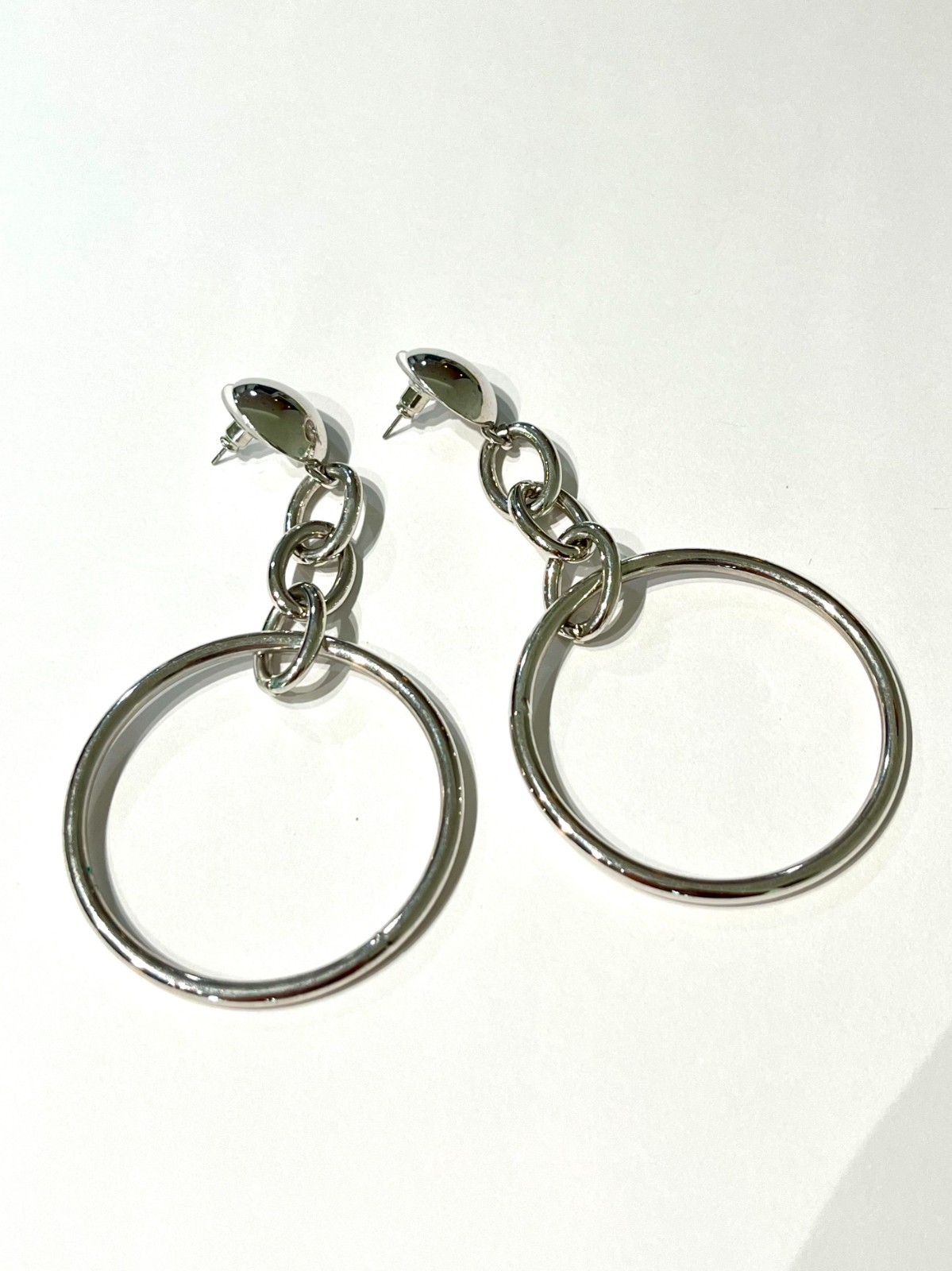 Silver Tone Large Hoop Chain Drop Earrings Pair