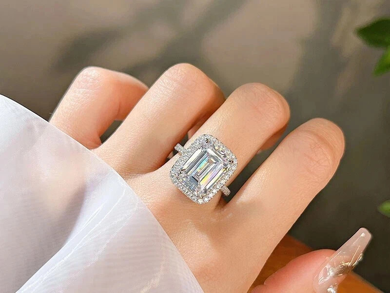 4.10 Ct Emerald Cut White Moissanite Engagement Wedding Ring 925 Sterling Silver